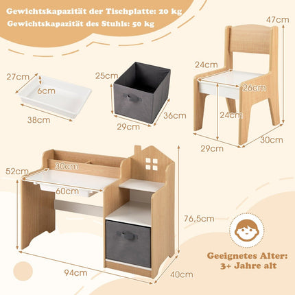 Ensemble bureau et chaise pour enfants Table d'étudiant avec étagères ouvertes Blanc + Naturel