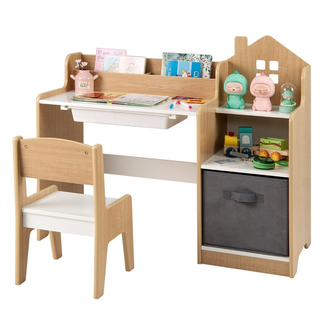 Schreibtisch &amp; Stuhl Set für Kinder Schülertisch mit offenen Regalen Weiß + Natur
