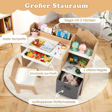 Ensemble bureau et chaise pour enfants Table d'étudiant avec étagères ouvertes Blanc + Naturel