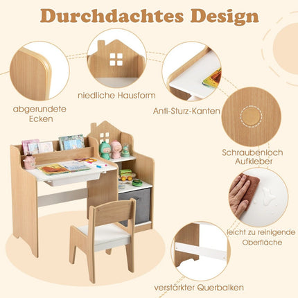 Ensemble bureau et chaise pour enfants Table d'étudiant avec étagères ouvertes Blanc + Naturel
