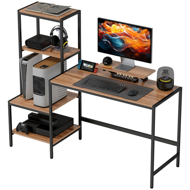 Brauner Schreibtisch mit Monitor und CPU-Ständer, 4 Regale – 150x48x125 cm