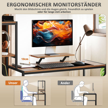 Brauner Schreibtisch mit Monitor und CPU-Ständer, 4 Regale – 150x48x125 cm