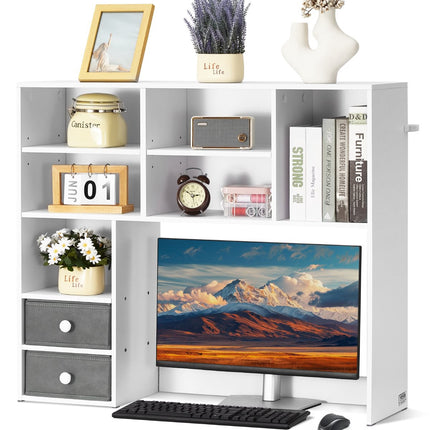 Desktop Bookshelf Hutch, 3-Tier, 2 Fabric Drawers, White
