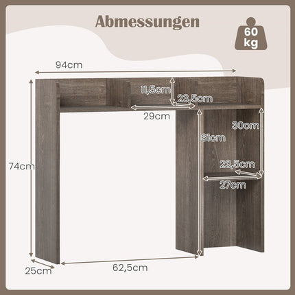 Schreibtisch-Bücherregal mit 4 Ablagen und offener Rückwand, Holz, Grau