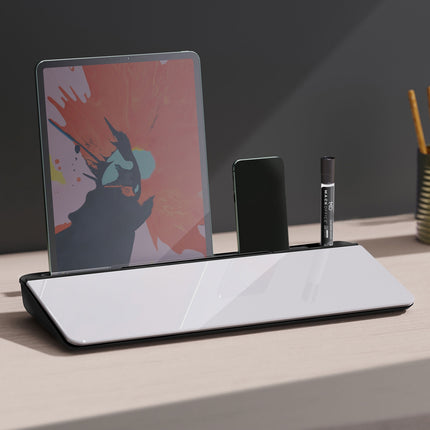 Glas-Schreibtafel mit Tischständer, 45x20cm, weiß+schwarz