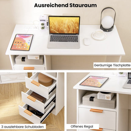 Schreibtisch mit 3 Schubladen &amp; Ladestation Computertisch modern Bürotisch weiß