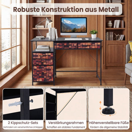 Psací stůl s 5 textilními zásuvkami a policí – hnědý, 120x50 cm