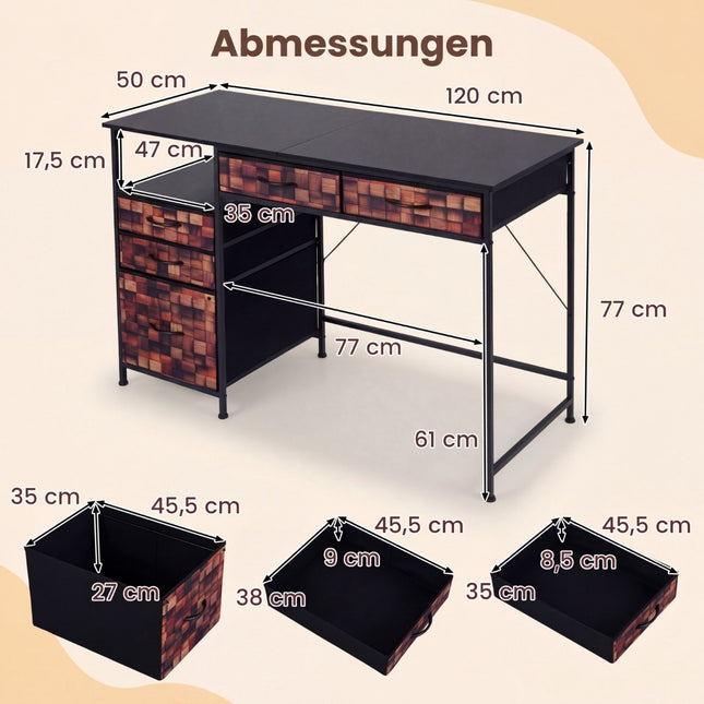 Schreibtisch mit 5 Stoffschubladen und Regal – Braun, 120x50 cm