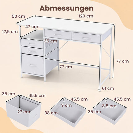 Schreibtisch mit 5 Stoffschubladen und Regal – Weiß, 120x50 cm