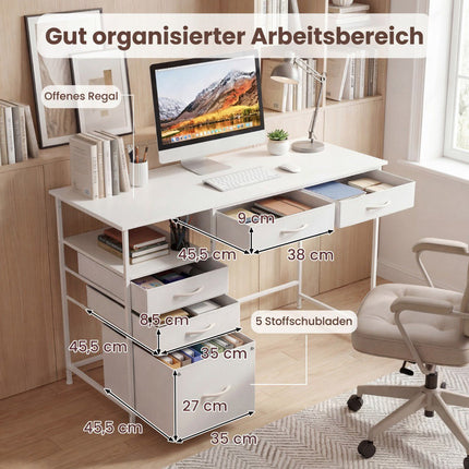 Schreibtisch mit 5 Stoffschubladen und Regal – Weiß, 120x50 cm