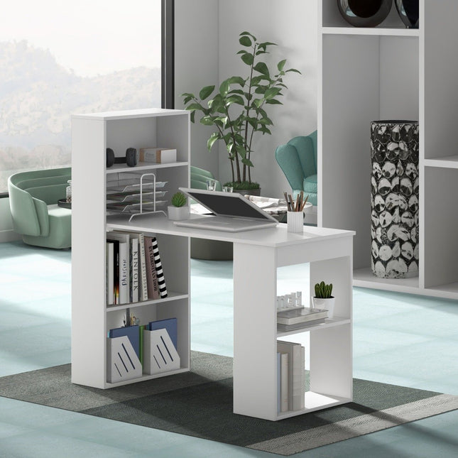 Schreibtisch mit Bücherregal Computertisch mit 6 Ablagen PC-Tisch mit Ablage Bürotisch weiß