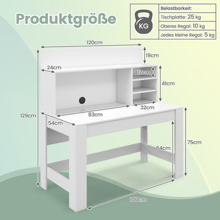Schreibtisch mit Bücherregal &amp; Kabelmanagementlöchern 120 x 54 x 129 cm weiß