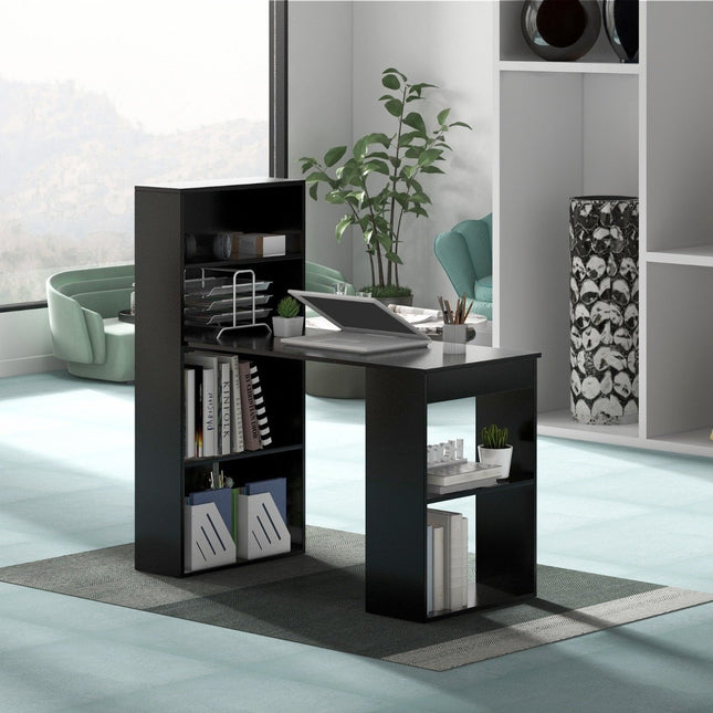 Schreibtisch mit Bücherregal Computertisch mit 6 Ablagen PC-Tisch mit Ablage Bürotisch Schwarz