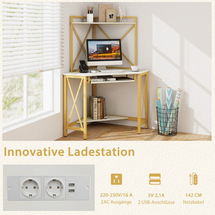 Desk with charging station corner computer table with keyboard shelf & 2 shelves 113 x 75 x 145 cm white + gold