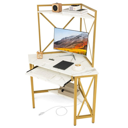 Desk with charging station corner computer table with keyboard shelf & 2 shelves 113 x 75 x 145 cm white + gold