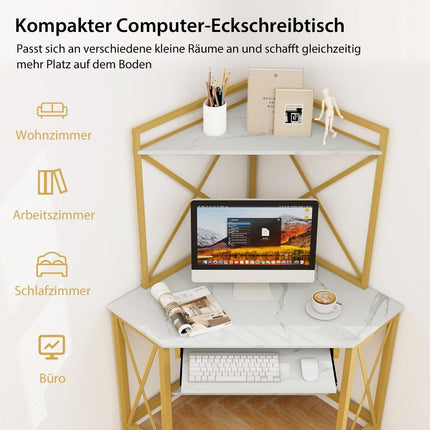 Desk with charging station corner computer table with keyboard shelf & 2 shelves 113 x 75 x 145 cm white + gold