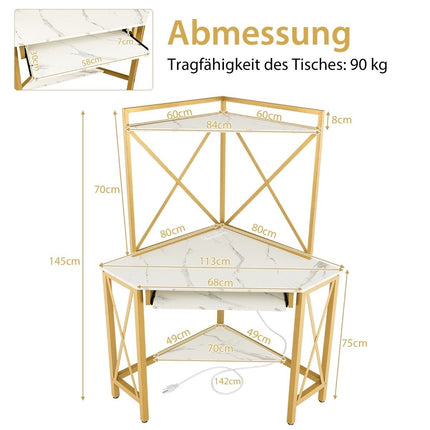 Desk with charging station corner computer table with keyboard shelf & 2 shelves 113 x 75 x 145 cm white + gold