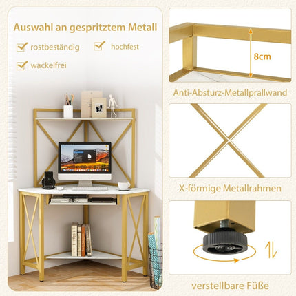 Desk with charging station corner computer table with keyboard shelf & 2 shelves 113 x 75 x 145 cm white + gold