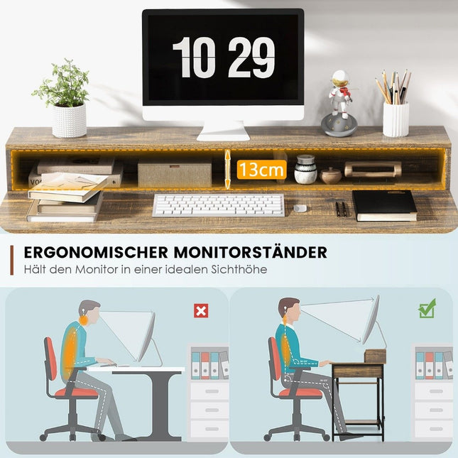 Schreibtisch mit Schublade Monitorständer &amp; 2 offenen Ablagen Computertisch mit Metallgestell 120 x 56 x 90,5 cm