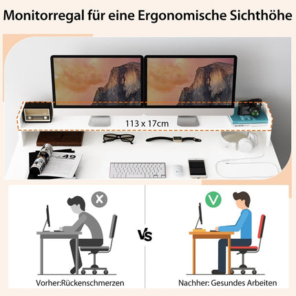 Psací stůl s policí na monitor a 2 knihovnami, počítačový stůl 120 x 54 x 90 cm bílý