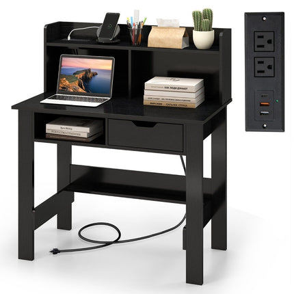 Schreibtisch mit Steckdosen Kleiner Computertisch mit Aufsatz 95 x 56 x 109,5 cm Schwarz