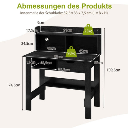Schreibtisch mit Steckdosen Kleiner Computertisch mit Aufsatz 95 x 56 x 109,5 cm Schwarz