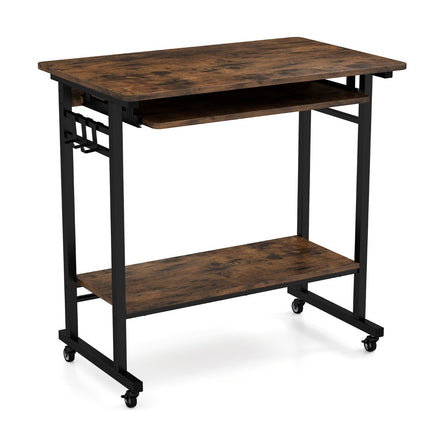 Schreibtisch mit Rollen &amp; Tastaturablage &amp; Unterbodenablage &amp; Haken Computertisch braun