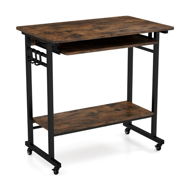 Schreibtisch mit Rollen &amp; Tastaturablage &amp; Unterbodenablage &amp; Haken Computertisch braun