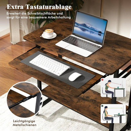 Schreibtisch mit Rollen &amp; Tastaturablage &amp; Unterbodenablage &amp; Haken Computertisch braun