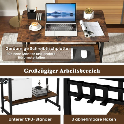Schreibtisch mit Rollen &amp; Tastaturablage &amp; Unterbodenablage &amp; Haken Computertisch braun