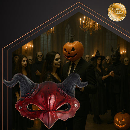Devil Halloween Mask with Horns, Red/Black, Elastic Band