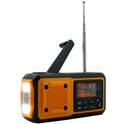 Digitales Kurbelradio. LED-Lampe, Solarpanel und BT