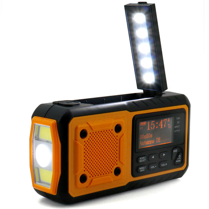 Digitales Kurbelradio. LED-Lampe, Solarpanel und BT