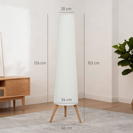 Stmívatelná LED stojací lampa, dřevěná trojnožka, nožní vypínač, bílá
