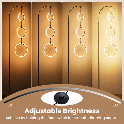 Dimmable LED Floor Lamp with 3 Light Rings and Foot Switch, Gold, 180 cm