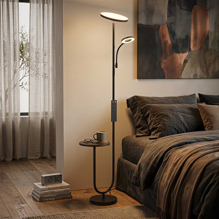 Dimmable LED Floor Lamp with Side Table and Reading Light, Remote Control, Black
