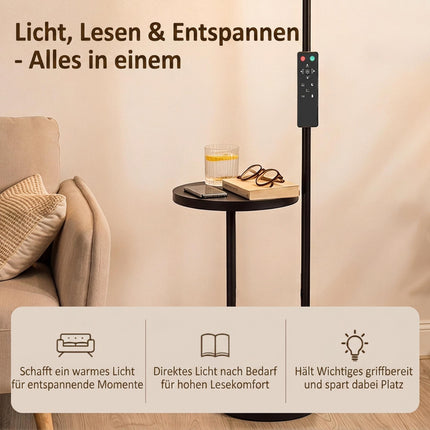 Dimmable LED Floor Lamp with Side Table and Reading Light, Remote Control, Black