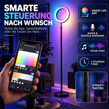 Dimmable RGB Floor Lamp 42 W with Rotating Ring Head, Voice Control, Black