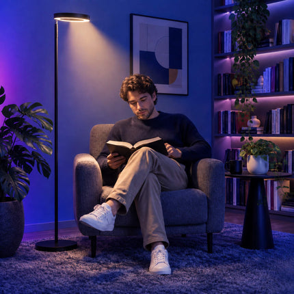 Dimmable RGB Floor Lamp 42 W with Rotating Ring Head, Voice Control, Black