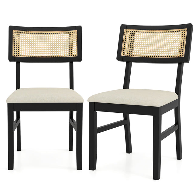 Esszimmerstühle 2er-Set, gepolsterte Sitzfläche, Rückenlehne aus Rattan