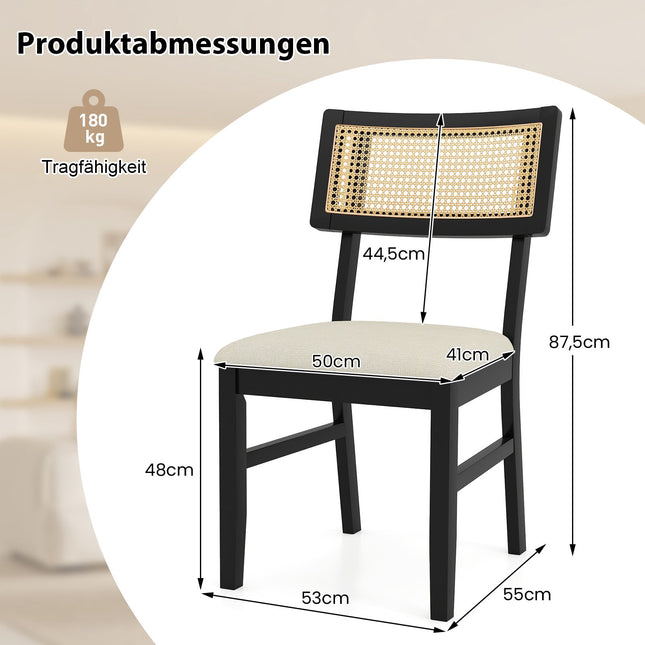 Esszimmerstühle 2er-Set, gepolsterte Sitzfläche, Rückenlehne aus Rattan