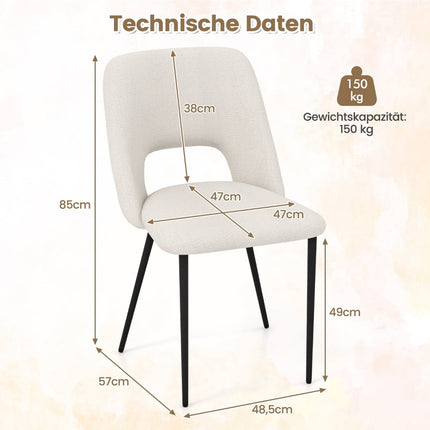 Set van 2 eetkamerstoelen, gewatteerd fluweel, beige, metalen frame