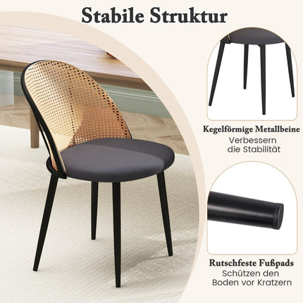 Jídelní židle sada 2 ks, ratanové opěradlo, kovové nohy, šedá