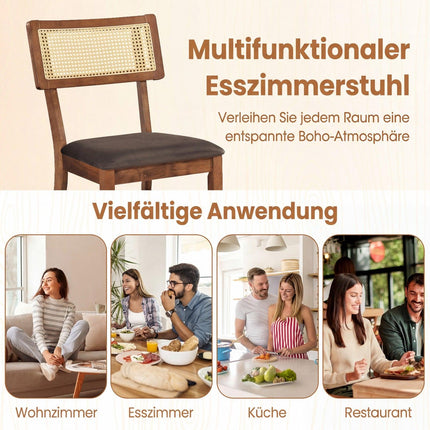 Esszimmerstühle 2er-Set, Rattan-Rückenlehne, Samtsitz, Braun