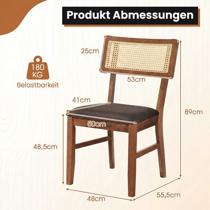 Esszimmerstühle 2er-Set, Rattan-Rückenlehne, Samtsitz, Braun