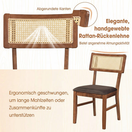 Esszimmerstühle 2er-Set, Rattan-Rückenlehne, Samtsitz, Braun
