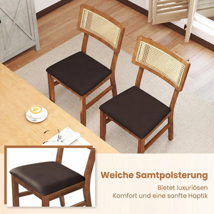 Esszimmerstühle 2er-Set, Rattan-Rückenlehne, Samtsitz, Braun
