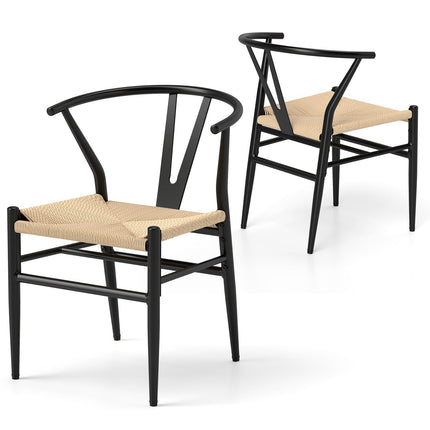 Esszimmerstühle 2er-Set, Y-Lehne, geflochtene Rattansitzfläche, Beige