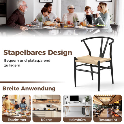 Esszimmerstühle 2er-Set, Y-Lehne, geflochtene Rattansitzfläche, Beige