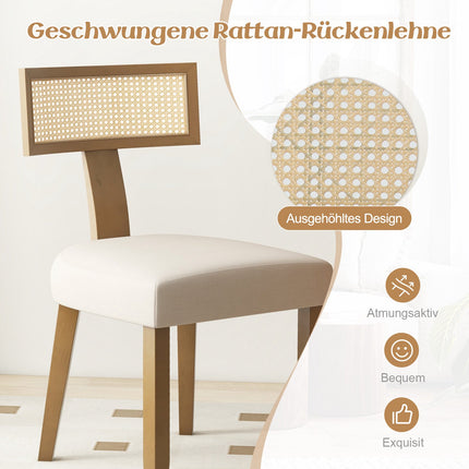 Esszimmerstuhl mit Rattanrücken, gepolsterter Sitzfläche und Holzbeinen